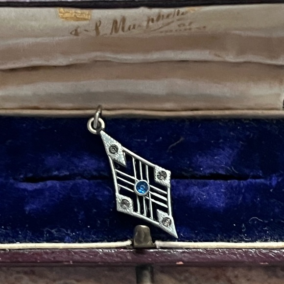 1900’s Antique Sterling Silver Lavaliere Pendant With Blue Gem Necklace - Picture 7 of 15